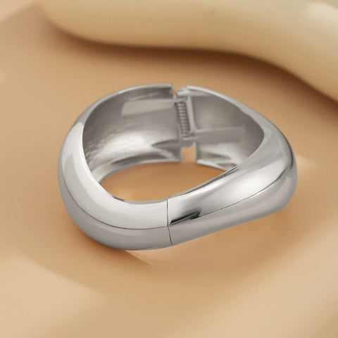 Abstract Wavy Open Metal Bangle Bracelet, White K Gold Irregular Texture Cuff, Minimalist Daily Accessory Ideal for Christmas Halloween Small Gifts, Code 2431