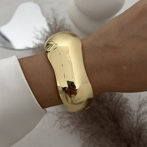 Curved S Shape Irregular Lava Bracelet, Gold Crinkle Texture Open Cuff, Modern Fashion Ladies Hand Jewelry for Holiday Christmas Halloween Gift Box, Code 2433