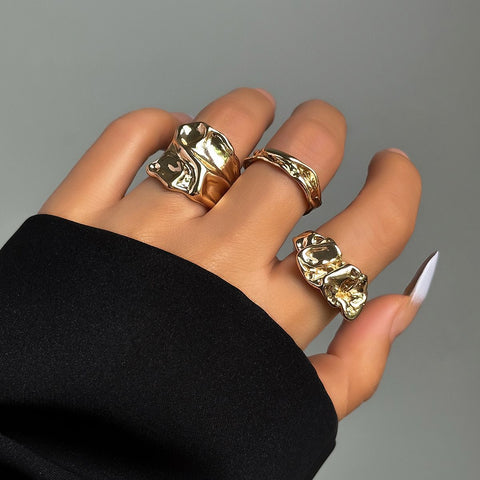 Irregular Crumple Metal Stacking Ring 3 Pieces Set, Gold Lava Texture Open Band Rings, Women Trendy Finger Jewelry for Christmas Halloween Party Favors, Code 4541 In Australia - Darrahopens
