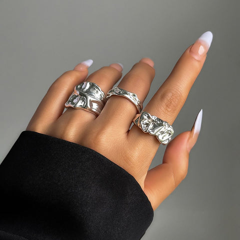 Niche Abstract Textured Ring Trio Set, Silver Irregular Lava Open Rings, Minimalist Daily Outfit Matching Accessory for Xmas Halloween Seasonal Gifts, Code 4541 In Australia - Darrahopens