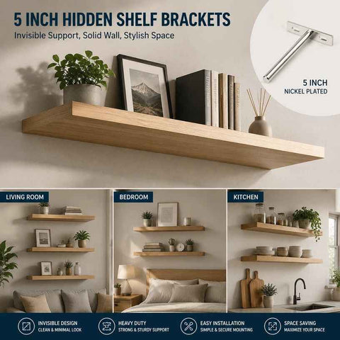 5" Nickel Hidden T Shelf Bracket 2Pcs w/ 5x60&5x80 Screws