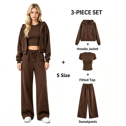Women Chestnut Brown 3-in-1 Sweatshirt Outfit, Cozy Lazy Loungewear Set Size S, Soft Fabric Effortless Daily Matching