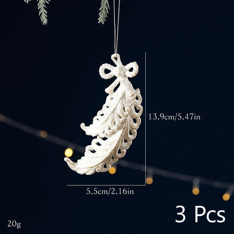 White Gold Feather Shaped Xmas Pendant, Pack of 3, Christmas & Halloween Indoor Atmosphere Layout Accessory, Lightweight Hanging Decoration, Ideal Stocking Stuffer Holiday Present
