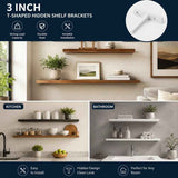 3" White Hidden T Shelf Bracket 2Pcs w/ 5x60&5x80 Screws