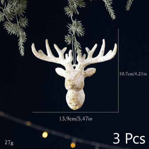 White Gold Elk Reindeer Christmas Hangings, 3 Pieces, Christmas & Halloween Winter Themed Scene Layout Decor, Timeless Seasonal Accessory, Popular Holiday Decorative Present