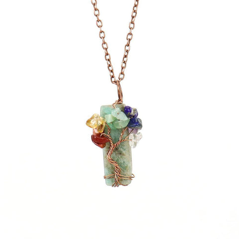 Tree of Life Pendant Necklace with Natural Chip Stones, Antique Copper Metal, Amazonite, Christmas & Halloween Casual Wear Jewelry, Unique Souvenir Gift for Festival Gifting