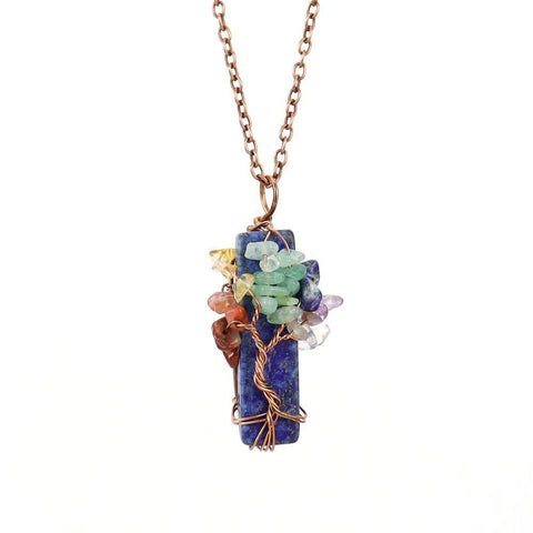 Natural Irregular Crystal Fragment Tree of Life Necklace, Antique Copper Frame, Lapis Lazuli, Christmas & Halloween Photo‑worthy Ornament, Fashion Layering Holiday Jewelry Gift