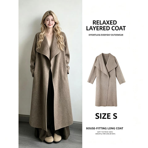 Women Oversized Lapel Wool‑Blend Coat, Nut Brown, Size S, Transitional Early‑Spring Outwear, Relaxed Silhouette Layering Piece, Versatile Office & Weekend Wardrobe Staple for Cool Mornings & Evenings
