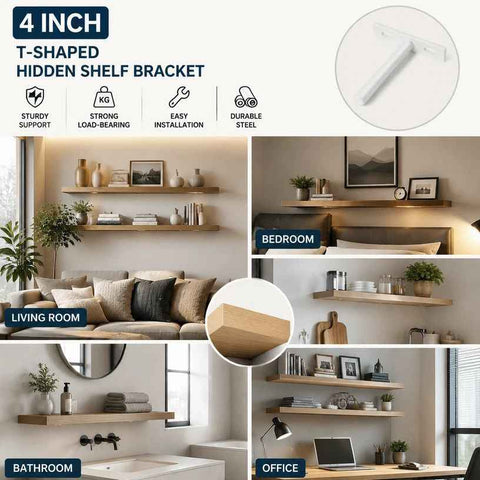 4" White Hidden T Shelf Bracket 2Pcs w/ 5x60&5x80 Screws
