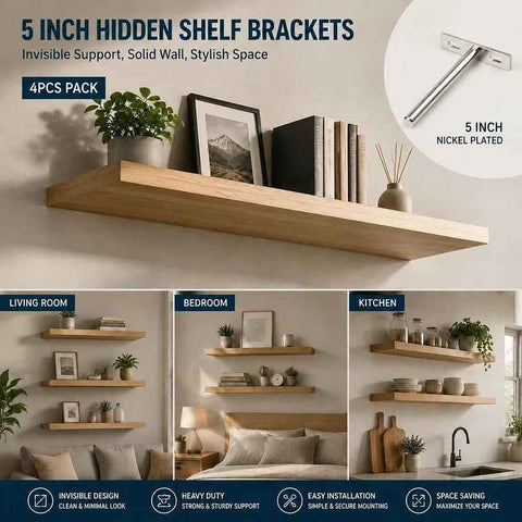5" Nickel Hidden T Shelf Bracket 4Pcs w/ 5x60&5x80 Screws