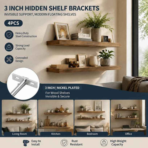 3" Nickel Hidden T Shelf Bracket 4Pcs w/ 5x60&5x80 Screws