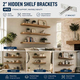 2" Nickel Hidden T Shelf Bracket 4Pcs w/ 5x60&5x80 Screws