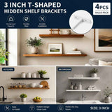 3" White Hidden T Shelf Bracket 4Pcs w/ 5x60&5x80 Screws