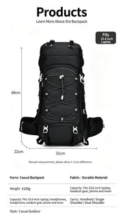 Versatile Outdoor Trekking Backpack 60L Black,Nylon Travel Rucksack Supplied With Rain Cover,Robust Pack for Camping Hiking & Touring,Christmas Halloween Practical Holiday Present