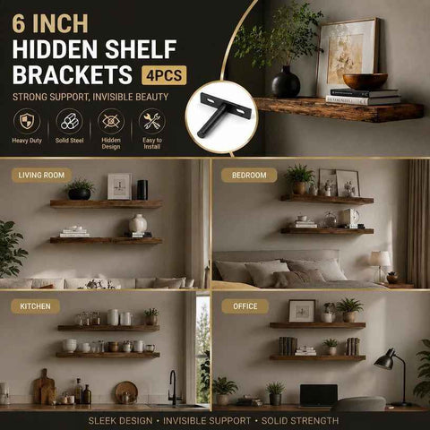6" Black Hidden T Shelf Bracket 4Pcs w/ 5x60&5x80 Screws