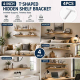 4" White Hidden T Shelf Bracket 4Pcs w/ 5x60&5x80 Screws