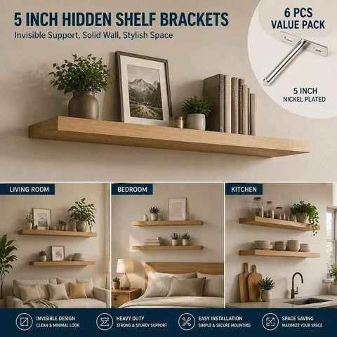 5" Nickel Hidden T Shelf Bracket 6Pcs w/ 5x60&5x80 Screws