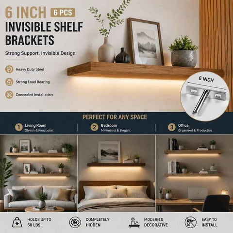 6" Nickel Hidden T Shelf Bracket 6Pcs w/ 5x60&5x80 Screws