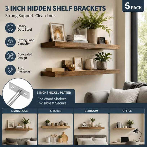 3" Nickel Hidden T Shelf Bracket 6Pcs w/ 5x60&5x80 Screws