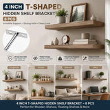 4" Nickel Hidden T Shelf Bracket 6Pcs w/ 5x60&5x80 Screws