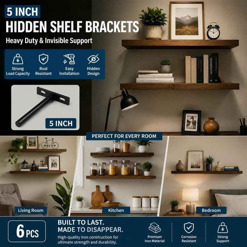 5" Black Hidden T Shelf Bracket 6Pcs w/ 5x60&5x80 Screws