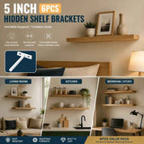 5" White Hidden T Shelf Bracket 6Pcs w/ 5x60&5x80 Screws