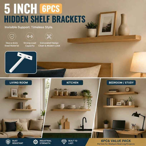 5" White Hidden T Shelf Bracket 6Pcs w/ 5x60&5x80 Screws