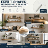 4" White Hidden T Shelf Bracket 6Pcs w/ 5x60&5x80 Screws