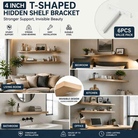 4" White Hidden T Shelf Bracket 6Pcs w/ 5x60&5x80 Screws
