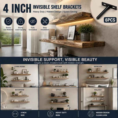 4" Black Hidden T Shelf Bracket 6Pcs w/ 5x60&5x80 Screws