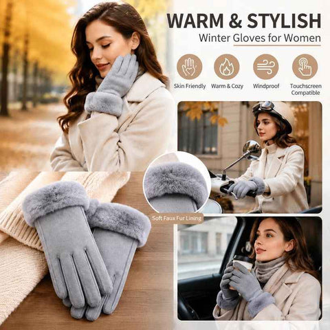 Grey Fur Cuff Women's Thermal Touch Screen Cycling Gloves In Australia - Darrahopens
