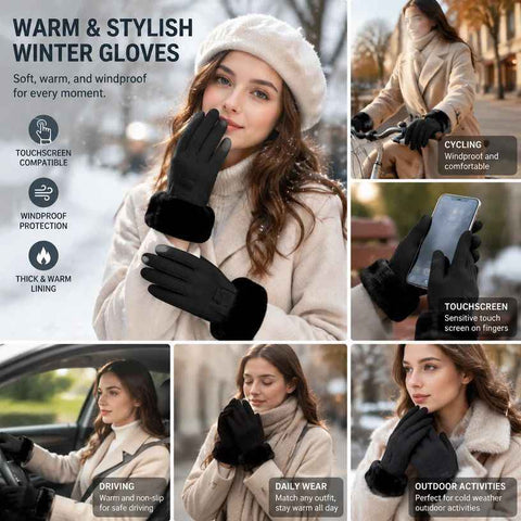 Black Fur Cuff Women's Windproof Fleece Touch Screen Bike Gloves In Australia - Darrahopens