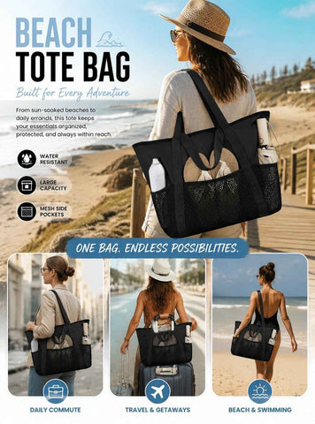 Solid Black Multi-purpose Waterproof Tote Large Beach Handbag In Australia - Darrahopens
