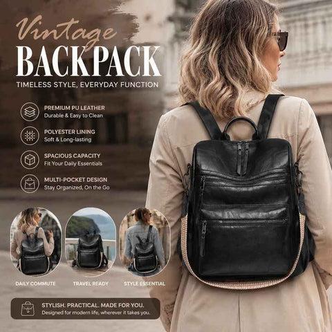 Black Retro European Style Women Backpack Multi Pocket Large Daily Bag In Australia - Darrahopens
