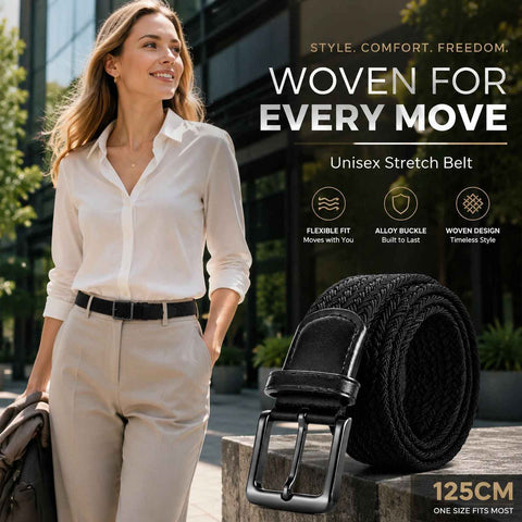 Black 125cm Woven Canvas Belt Elastic Stretch Unisex Fashion Golf Trouser Belt In Australia - Darrahopens