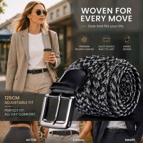 Black Grey Mixed Woven Golf Belt 125cm Stretch Elastic Canvas Trouser Strap In Australia - Darrahopens