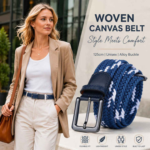 Double Blue White Block Stretch Canvas Belt 125cm Woven Elastic Golf Strap In Australia - Darrahopens