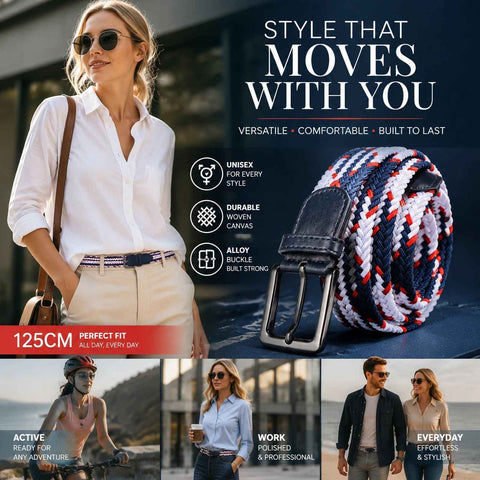 Blue White Red Tri-color Woven Golf Belt 125cm Elastic Stretch Canvas Strap In Australia - Darrahopens