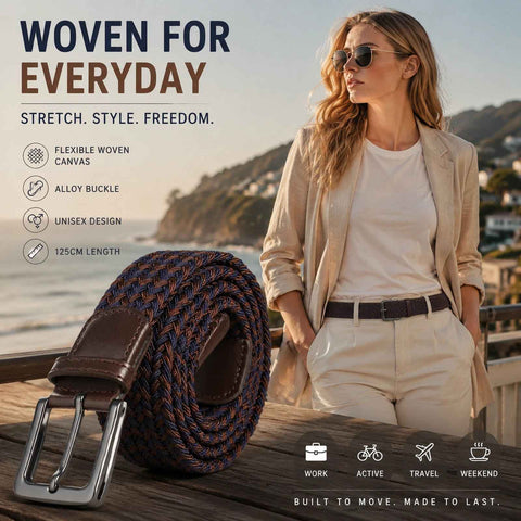 Blue Coffee Color Block Elastic Canvas Trouser Belt 125cm Unisex Golf Strap In Australia - Darrahopens