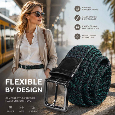 Green Black Color Block Canvas Golf Belt 125cm Elastic Stretch Woven Strap In Australia - Darrahopens