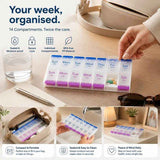 Portable Press 14 Compartment Pill Box Double Row Weekly Medicine Organiser 1Pc In Australia - Darrahopens