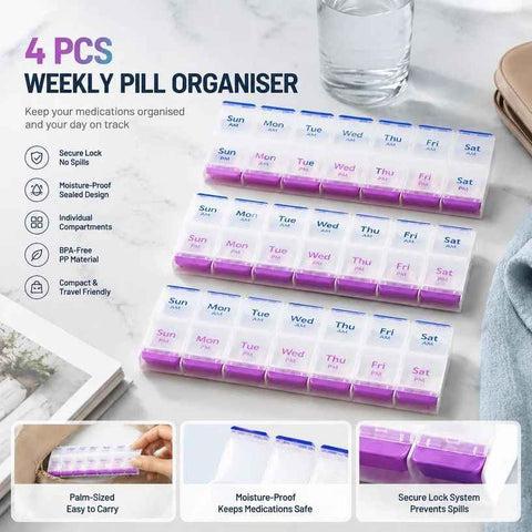 Double Row 14 Compartment Weekly Pill Container Portable Press Medicine Box 4Pcs In Australia - Darrahopens