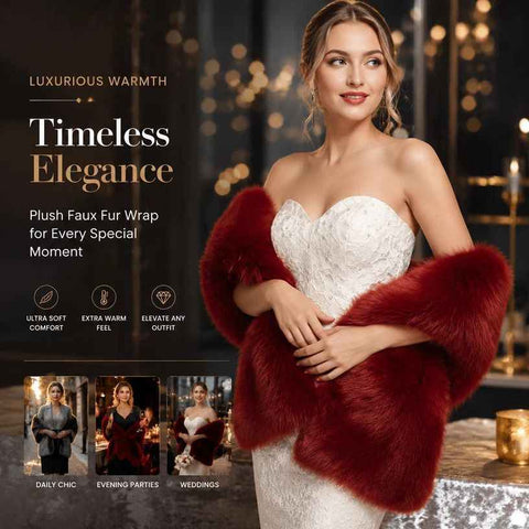 Wine Red Female Faux Fur Stole Fluffy Wrap For Party Occasions In Australia - Darrahopens