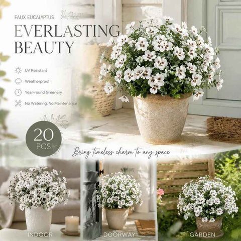 White Faux Eucalyptus Pansy Floral Arrangement Indoor Outdoor Decor 20 Pack In Australia - Darrahopens