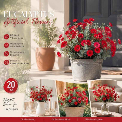 Red Artificial Eucalyptus Pansy Greenery Stems Balcony Display Set of 20 In Australia - Darrahopens
