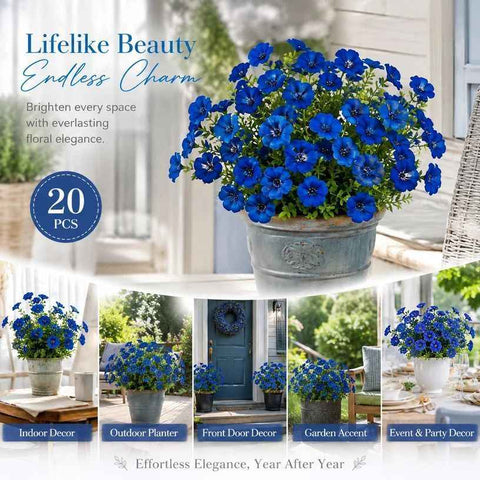 Blue Faux Eucalyptus Pansy Fake Flower Stems Yard Landscape Decor 20 Pack In Australia - Darrahopens