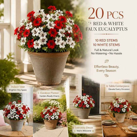 White & Red Mixed Artificial Eucalyptus Pansy Stems Patio Display 20 Pack In Australia - Darrahopens