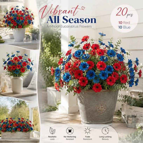 Red & Blue Mixed Artificial Eucalyptus Pansy Fake Flower Stems Yard Decor 20 Pack In Australia - Darrahopens