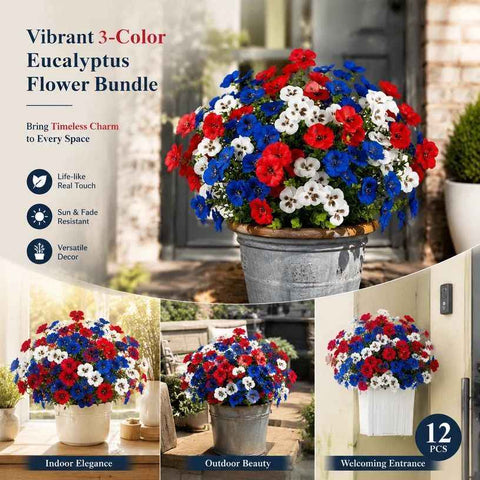 White Red Blue Mixed Faux Eucalyptus Pansy Stems Home Vase Decor Set of 12 In Australia - Darrahopens