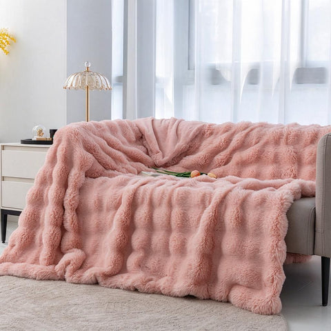 Halloween Ready Oversized 180x200cm Blanket in Blush Cherry Pink - Bunny Fur Front, Coral Fleece Back, Warm Lounging Wrap In Australia - Darrahopens